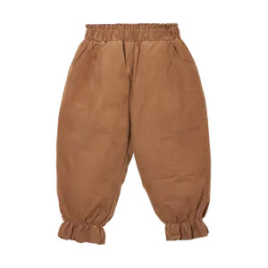 Girls' Winter Warm Corduroy Fabric Pants Solid Pattern Khaki Down Trousers With Belt Breathable And Waterproof Features