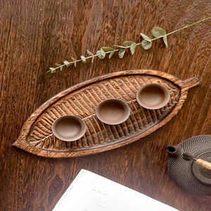 Wooden Leaf Shaped <b>Tray</b> Solid Wood <b>Tea</b> Serving Plate With 3 Cups For Teahouse Home Use - Product Image 1