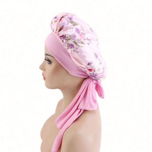 Women Floral Head Wraps Custom Satin Hair Bonnet Ankara Bonnet Satin Fashion Designer Bonnets With <b>Tie</b> - Product Image 2