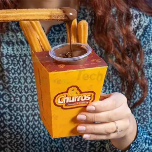 Çevre dostu kolu özelleştirilmiş Churros Fritters sos Dip tepsi kutusu kek çörek suşi Brownie çerezler kağıt ambalaj kutusu götürmek