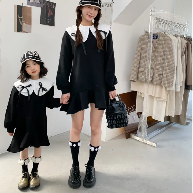 Autumn new fashion kids clothes baby and mom boutique party outfits outdoor mom and daughter matching peter pan collar dresses