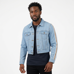 Chaqueta vaquera azul claro con rayas laterales, cuello vuelto, corte ajustado, ropa exterior informal para primavera - Product Image 5