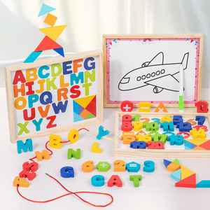 เกมแทงแกรมจับคู่ตัวเลขและตัวอักษรสองด้านแบบขายส่ง กระดานวาดเขียนสำหรับเด็ก บล็อกไม้ร้อยเชือก - Product Image 1