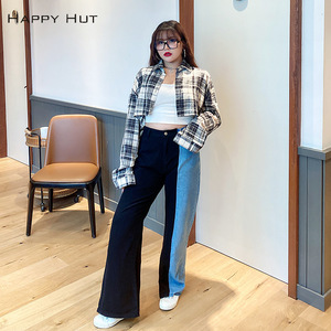 Happy Hut Jeans à jambes larges pour femmes, grande taille, patchwork coloré, noir et bleu, en coton N7732 - Product Image 1