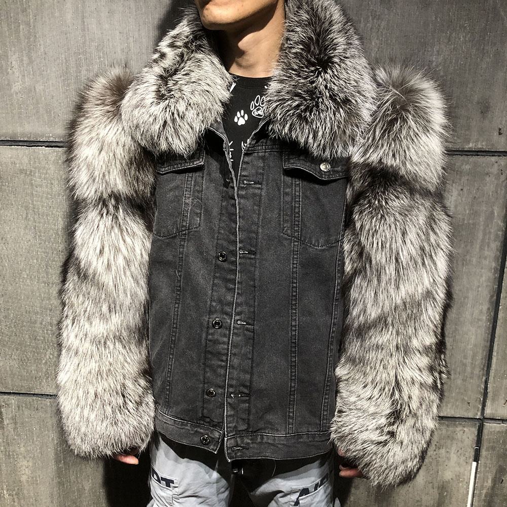 Denim Jacket Fur Collar Parka Mens Men's Fur New Design Denim Jacket With  Fox Fur Sleeves