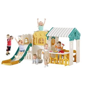 Ensemble de jeu pour tout-petits : toboggan, balançoire, structure d'escalade, aire de jeux intérieure/extérieure avec panier de basket et tunnel, maisonnette - Product Image 1