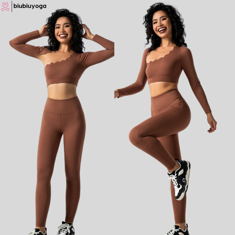 Asymmetric Design High-Stretch Reversible Yoga Top & Pants Long Sleeve Quick-Dry Fitness Wear for Pilates Training
