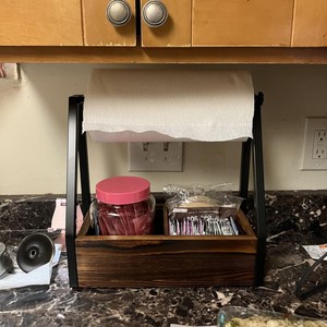 Wooden <b>Kitchen</b> <b>Paper</b> Towel And Condiment Storage Rack With Iron Bracket For Sauce Bottle Organizer Countertop Multi Function - Product Image 1