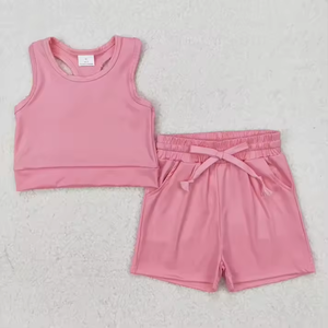 Ensembles de vêtements pour fillettes : débardeur de yoga couleur unie et short assorti, prêts à être expédiés - Product Image 5