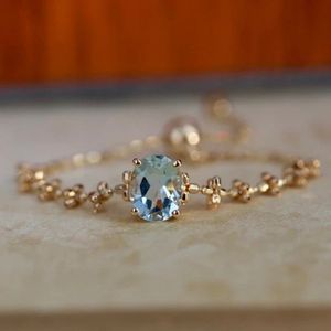 Bague en or véritable 18 carats avec pierre naturelle ovale en aquamarine, chaîne réglable, bijoux fins pour femme, Xinfly - Product Image 1