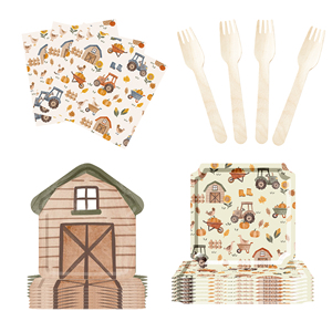 DAMAI - Platos, Vasos y Servilletas Desechables de Papel con Diseño de Granja Marrón para Fiestas de Cumpleaños con Temática de Cosecha Otoñal - Product Image 1