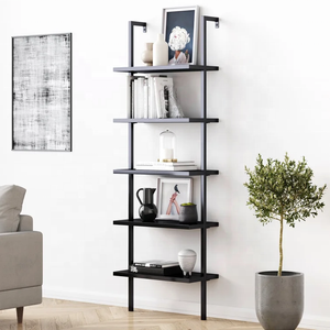 Estantería moderna de <span class=keywords><strong>madera</strong></span> de roble de 5 estantes, superventas, <span class=keywords><strong>escalera</strong></span> abierta de montaje en pared con marco de Metal negro Industrial para comedor - Product Image 1