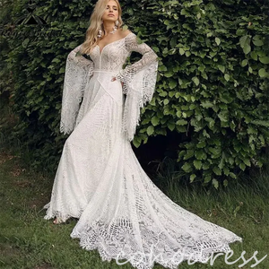 Encaje Gatsby Boho <span class=keywords><strong>vestidos</strong></span> <span class=keywords><strong>de</strong></span> novia con manga larga elegante bosque <span class=keywords><strong>Civil</strong></span> bohemio <span class=keywords><strong>vestidos</strong></span> <span class=keywords><strong>de</strong></span> novia Sexy sin espalda Grecian Western - Product Image 1