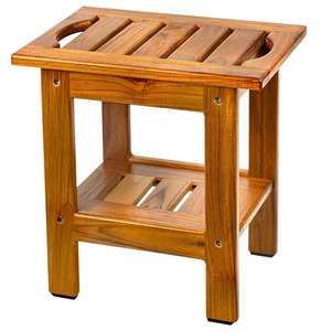 Tabouret de douche en bois de teck massif 35x25,5x37,5 cm avec étagère de rangement pour serviettes et articles de bain - Product Image 4
