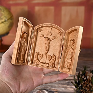 Boîte <span class=keywords><strong>triptyque</strong></span> en <span class=keywords><strong>bois</strong></span> avec crucifix de Jésus, autel de prière catholique sculpté à la main, icône pliable, cadeau souvenir - Product Image 2