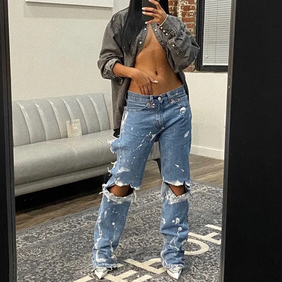 Kliou W22P16435 Fashion trendy street women's new Pants Loose cotton Denim Mid Waist Button Pockets Wide Leg Ripped Frayed Jeans