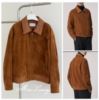 Veste bomber en cuir de daim véritable, couleur caramel cognac, épaules tombantes, ourlet côtelé, pour homme et femme