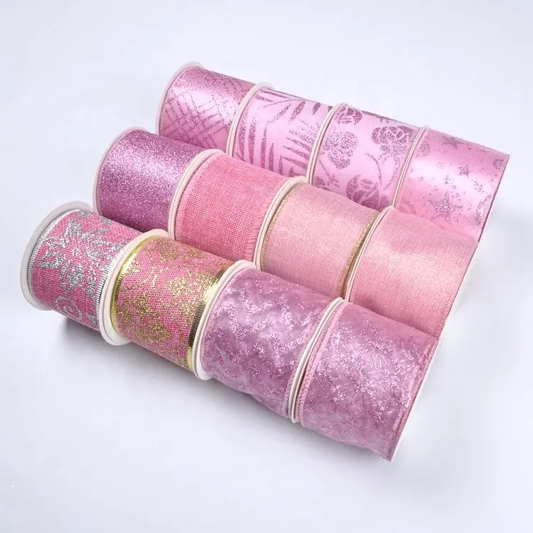 Home decor wholesale pink glitter wired christmas ribbon for diy wreath
