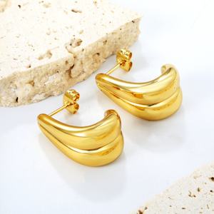 <b>Fashion</b> Design 18k Gold Plated Double Wave CC <b>Hoop</b> <b>Earrings</b> Jewelry Chunky Stainless Steel Hypoallergenic <b>Earring</b> for Women - Product Image 3