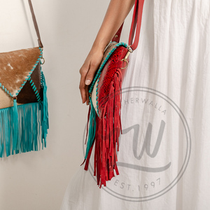 LW Turquoise Vintage Women's Designer <b>Bag</b> Genuine Leather with Fringe Tassel Single Strap Cross Body Hot Selling Painted <b>Bag</b> - Product Image 2