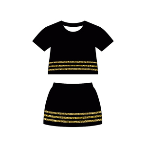 GSD4109 custom Little active girl <b>red</b> solid black <b>sequin</b> stripe print skirt outfits kids girl summer short sleeve set - Product Image 5