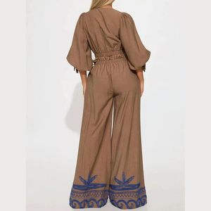 Conjunto de 2 Piezas Personalizado para Mujer 2026, Top con Mangas Farol y Pantalones, Atuendo de Verano, Bordado, Algodón, Fibra de Bambú, Transpirable, Ropa de Vacaciones - Product Image 3