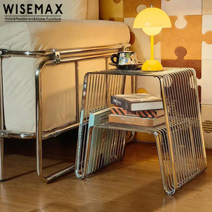 WISEMAX FURNITURE Table d'appoint en acier inoxydable lignes mi-siècle, rangement pour salon, table basse d'angle simple pour hôtel - Product Image 3