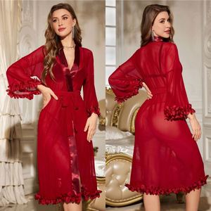 Sfy3950 Nouveauté 2025 Lingerie sexy, Robe de chambre à manches longues en maille et dentelle à volants, avec ceinture, pour la maison, légère - Product Image 2