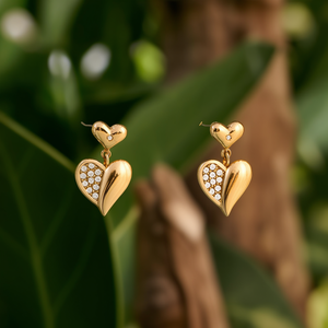 Fashion Drop Earrings PVD <b>Gold</b> Plated 316L Stainless Steel Heart Shape With Diamonds For Women - Product Image 3