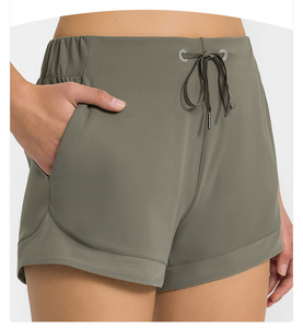 Shorts de Yoga de Cintura Alta <span class=keywords><strong>en</strong></span> Color Liso, <span class=keywords><strong>Pantalones</strong></span> de Compresión de Nailon con Cordón, Shorts Deportivos de Verano para Correr y Gimnasio - Product Image 3