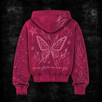 Sweat à capuche rose délavé à l'acide avec fermeture éclair, style streetwear, broderie de patchs usés, impression DTG, strass, 500 g/m², personnalisé, par le fabricant