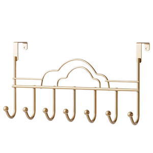 <b>Gold</b> Over-the-Door Hook Rack with Storage Basket 7 Hooks Metal Hanging Organizer for Bathroom Bedroom Kitchen - Product Image 1