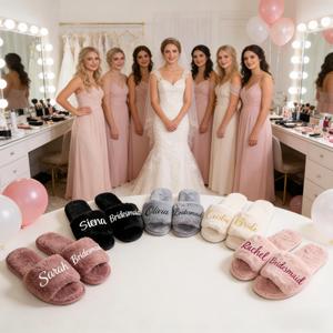 Personalized Bridesmaid Fluffy <b>Slippers</b>, <b>Bride</b> <b>Slippers</b> for Wedding, Bachelorette, Birthday, Honeymoon Gift, Wedding Favors - Product Image 3