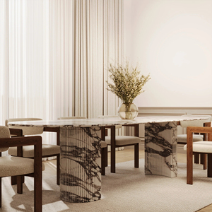 โต๊ะอาหารรูปวงรี Kumusi Furniture รุ่น <span class=keywords><strong>Aldo</strong></span> Calacatta Viola พร้อมฐานลายร่องครึ่งวงกลม - Product Image 1