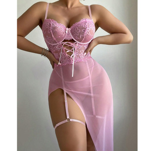 Vestido de lencería de encaje Rosa sexy con falda dividida de malla transparente sujetador con aros conjunto de liguero Babydoll ropa de dormir para mujer juego de rol - Product Image 5
