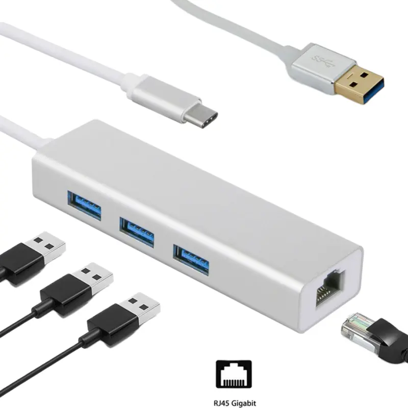 Type-C USB HUB Type C to USB 3.0 HUB USB3.0 3 Port with RJ45 100Mbps 1000Mbps Gigabit Ethernet Lan Network Card Adapter For Mac