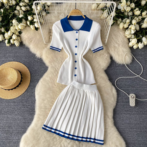 Maglioncino a maniche corte alla moda estivo da donna maglione a <span class=keywords><strong>maglia</strong></span> di colore Sexy Top Mini gonna a pieghe Set gonna a due pezzi <span class=keywords><strong>abito</strong></span> - Product Image 3