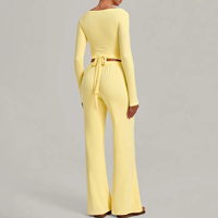 Ensemble de sport pour femme avec crop top sexy à col en V profond et manches longues, pantalon décontracté à jambe large et droite, ensembles de yoga et fitness pour femme, logo personnalisé