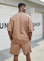 Ensemble de survêtement surdimensionné 2 pièces en coton épais personnalisé pour homme, t-shirt et short assortis, idéal pour l'été – Vente en gros