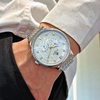 Montre mécanique automatique unisexe, boîtier en acier inoxydable, bracelet en cuir, étanche 5 ATM, phase de lune, calendrier, luxe, pour affaires