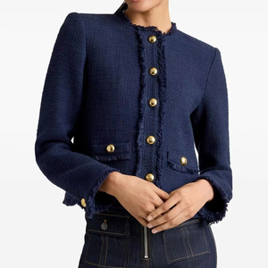 Veste en tweed texturé bleu marine personnalisée Leduo pour femmes - Blazer court à franges avec boutons dorés pour femmes - Product Image 1
