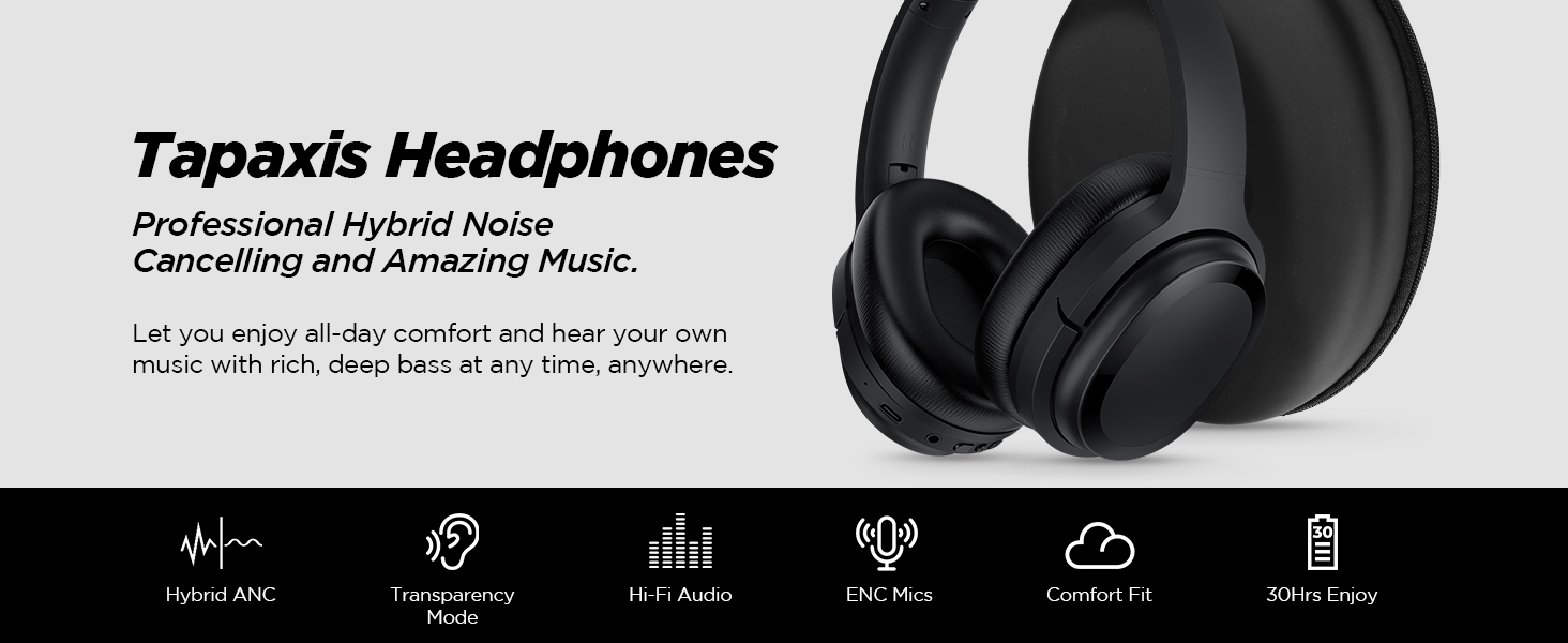 tapaxis Stay Engaged in Your Music with Hybrid Active Noise Cancelling Bluetooth Wireless Headphones - Over Ear Headphones with Travel Case, Protein E