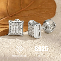 Boucles d'oreilles clous carrées pavées en argent sterling 925 et moissanite VVS, bijoux géométriques unisexes tendance