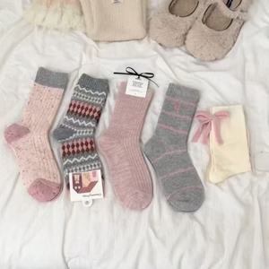 Womens Wool <b>Socks</b> Mid Calf Gray Pink Stripes Checks Thermo Warm Autumn <b>Winter</b> Cotton Soft Comfortable - Product Image 1