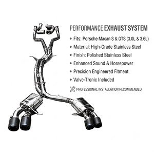 Vortex Exotic Stainless Header <b>Back</b> Setup Featuring Carbon Tips & Vacuum Valve Fits Macan S GTS - Product Image 1