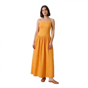 <b>Womens</b> <b>Yellow</b> Linen Maxi <b>Dress</b> Straight Neck Adjustable Spaghetti Straps Fitted Bodice Gathered Skirt Summer <b>Dress</b> - Product Image 1