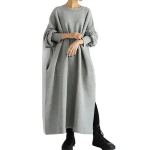 Best sale autumn plain maxi hoodies casual oversized long sweatshirt women blank pullover cotton hoodie dresses with pockets
