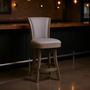 Tabouret de bar pivotant sans accoudoirs Henry, hauteur de comptoir, 27 pouces, lin gris chiné, base en bois, design moderne - Product Image 2