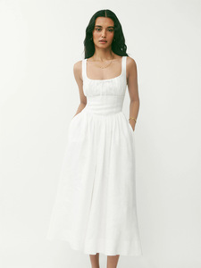 Abito Midi <span class=keywords><strong>Bianco</strong></span> in <span class=keywords><strong>Lino</strong></span> con Scollo Quadrato per Donna, Stile Francese Puro e Seducente per Vacanze - Product Image 1