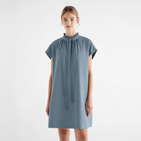 Robe midi décontractée bleu-gris pour femme, col à cordon, manches courtes, boutonnée sur le devant, coupe ample, idéale pour le quotidien, personnalisable OEM